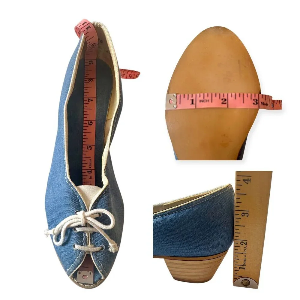 Vintage Blue Canvas Peep Toe Heels w/ Lace-Up Front | Stacked Heel | Size 7